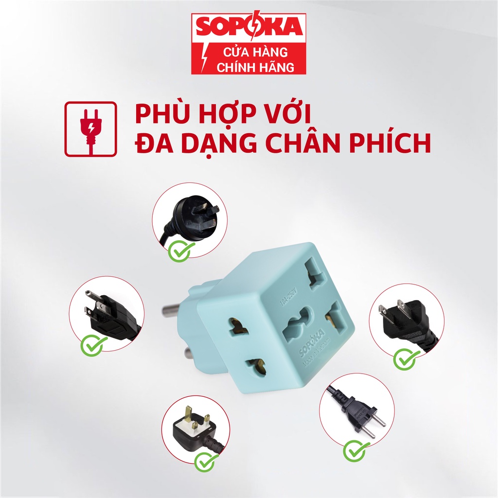 Ổ chia điện đầu nối thông minh P15 SOPOKA 1 chia 2 cửa có ổ cắm 3 chấu tiện lợi