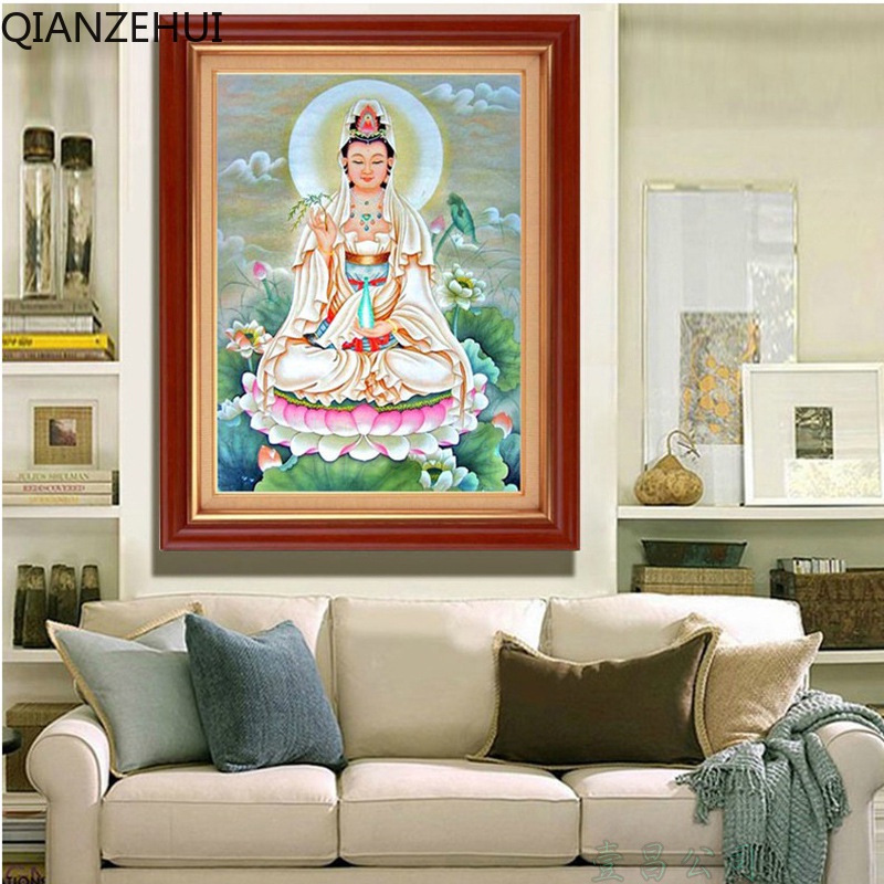 Bộ Tranh Thêu Chữ Thập DIY Hình Tượng Phật Bà Quan Âm Bằng Sợi Cotton 11CT