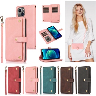 Bao Da Điện Thoại Dạng Ví Nắp Lật Có 9 Ngăn Đựng Thẻ Và Dây Đeo Cho IPhone 13 IPhone12 IPhone11 Pro Max Mini