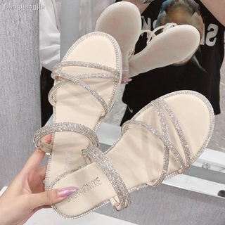 ❍Giày Sandal Đế Bệt Quai Chéo Đính Đá Thời Trang Mùa Hè Phong Cách Mới Dành Cho Bạn Nữ 2021