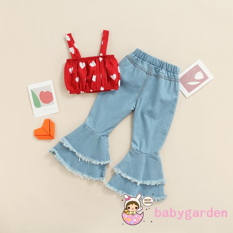 Set trang phục áo hai dây thắt nơ màu trơn + quần jean ống loe thời trang mùa valentine cho bé gái 1-6 tuổi