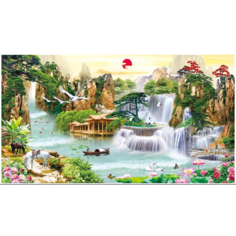 Tranh đính đá Phong Cảnh Lưu Thuỷ Sinh Tài LV300 (150x75) chưa đính