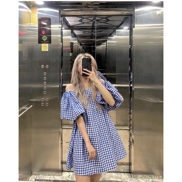 Đầm Babydoll caro Màu Xanh Tươi Mát Tay Phồng