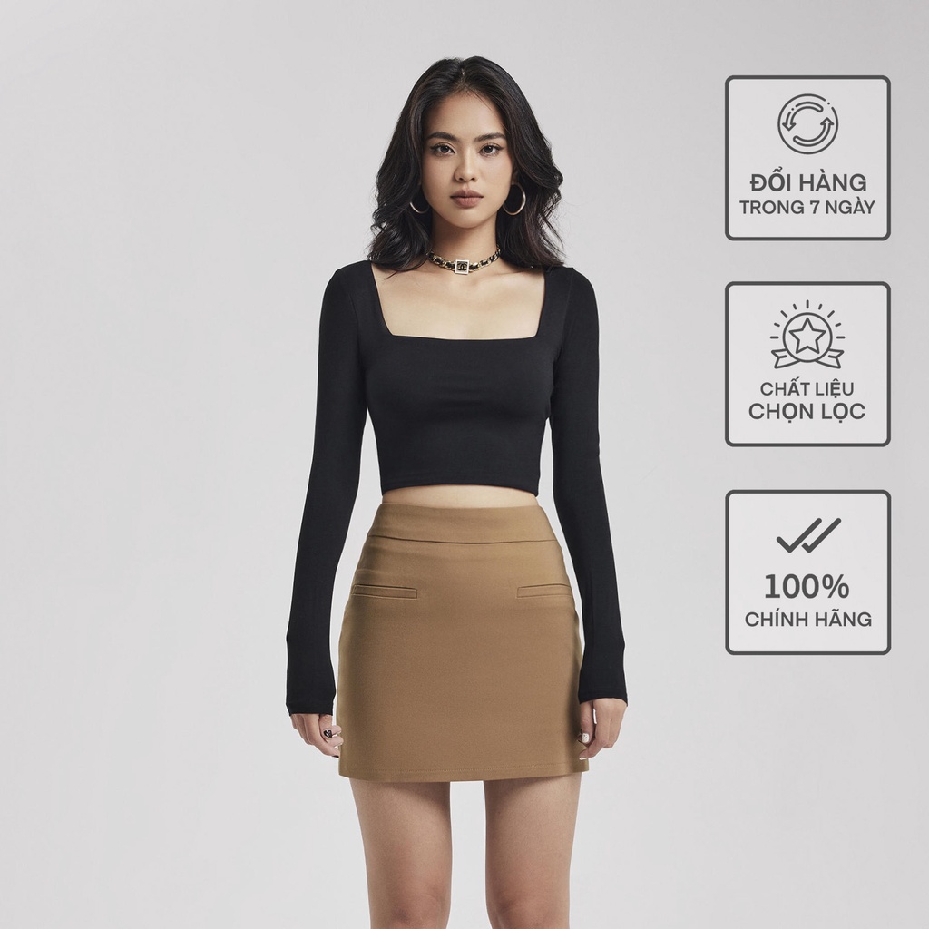 Áo Dài Tay Cổ Vuông Rayon Croptop Nữ BUSY 2 Lớp Co Giãn Ôm Sát DT11C
