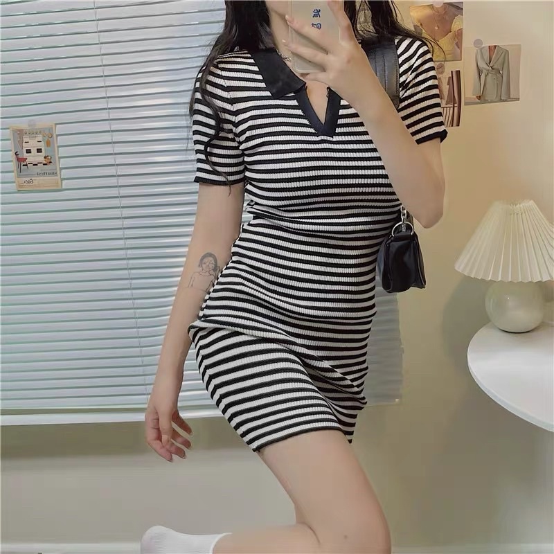 Váy len body polo nữ tay ngắn dáng ôm kiểu cổ V dệt kim co dãn 4 chiều - Váy xinh đầm đẹp Quảng Châu cao cấp