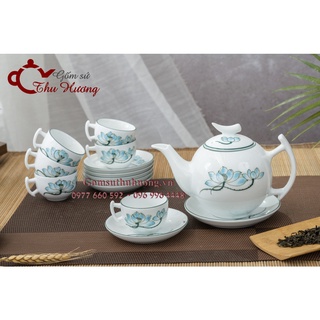 Bộ ấm chén Bát Tràng_Bộ bình trà bưởi cành vẽ hoa sen xanh