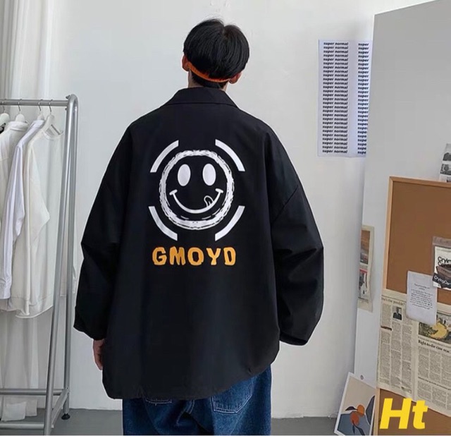 Áo sơ mi đen dài tay in mặt cười lưng GMO