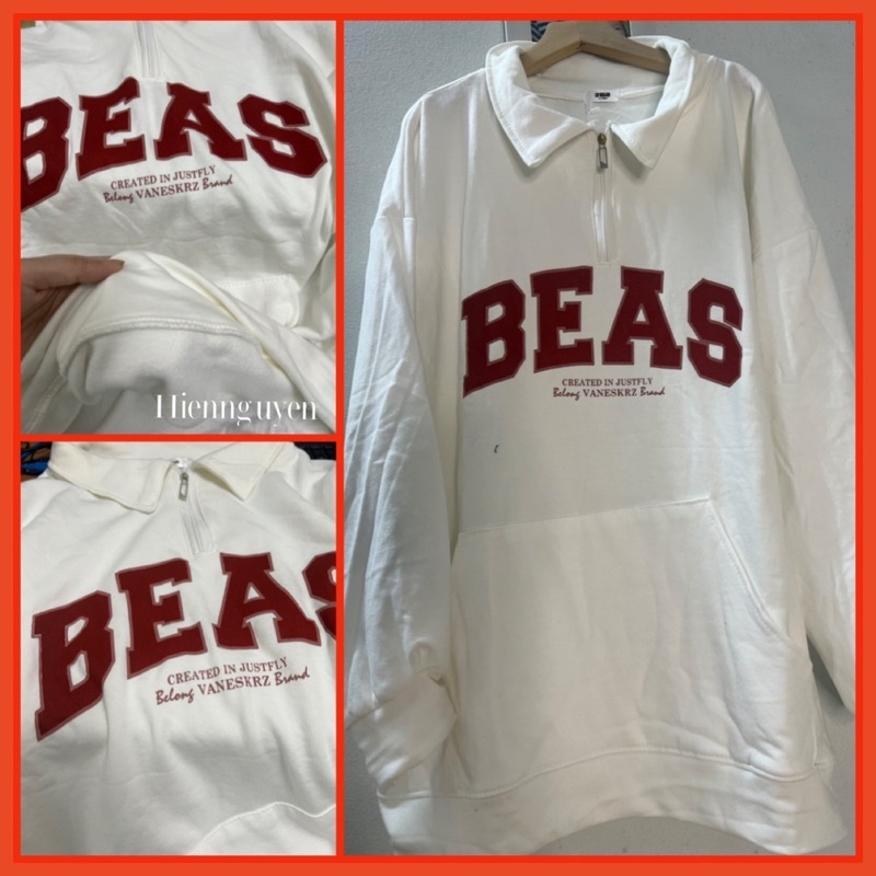 Áo Nỉ Polo Phối Khóa Cổ BEAS  Nữ [FREESHIP] Sweater form rộng tay bồng màu trắng phối chữ đỏ vintage hàn quốc