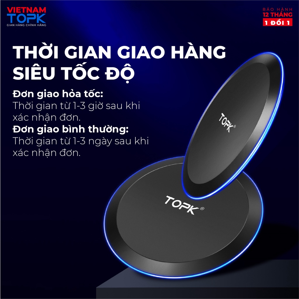 Sạc không dây TOPK B46W - Công nghệ sạc Qi 10W - Tích hợp đèn LED - Hàng chính hãng - Bảo hành 12 tháng