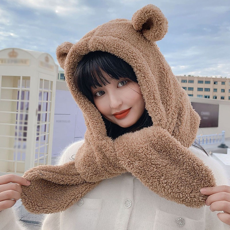 Mũ lông cừu dài kiêm khăn choàng giữ ấm thu đông thời trang cho nữ