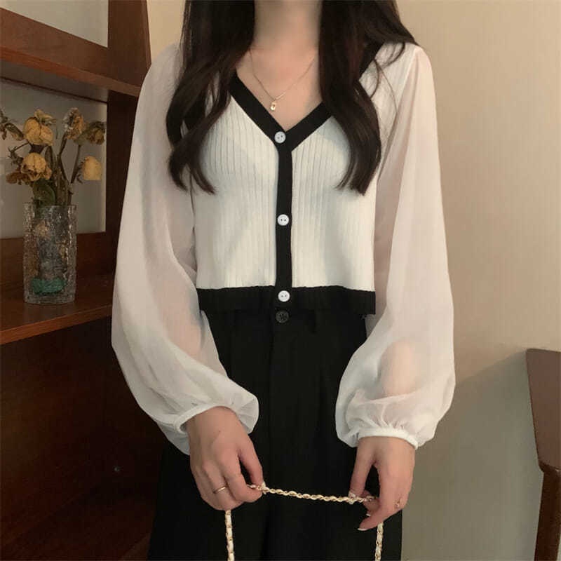 Áo Cardigan Tay Dài Phồng Cổ Chữ V Phối Lưới Họa Tiết Kẻ Sọc Thời Trang Hàn Quốc 2022 Mới Cho Nữ