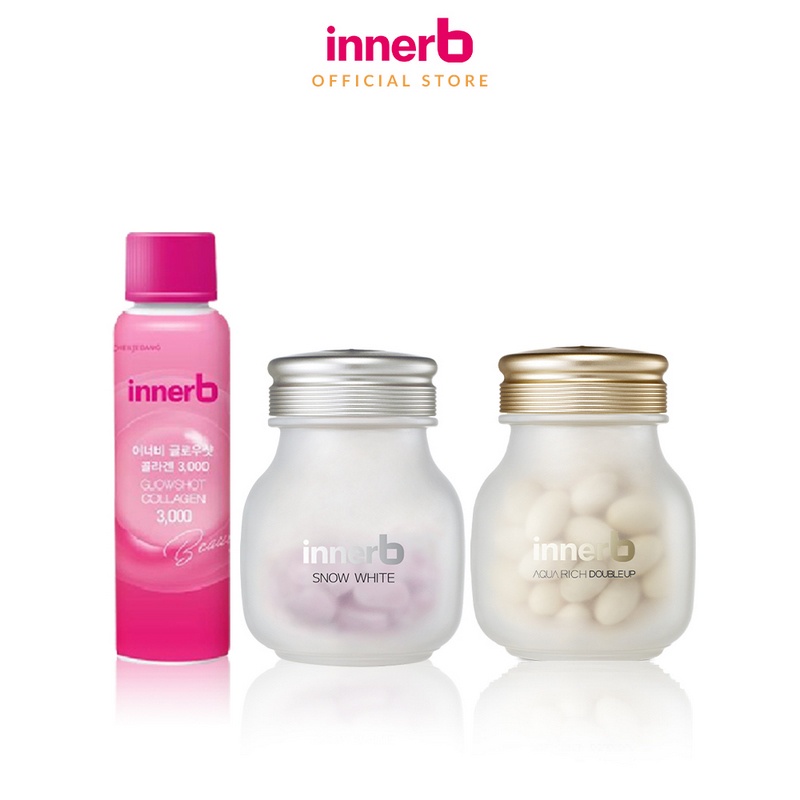 Combo 3 thực phẩm bảo vệ sức khỏe InnerB Aqua Rich Doubleup + InnerB Snow White &amp; hộp 6 chai Collagen InnerB Glowshot