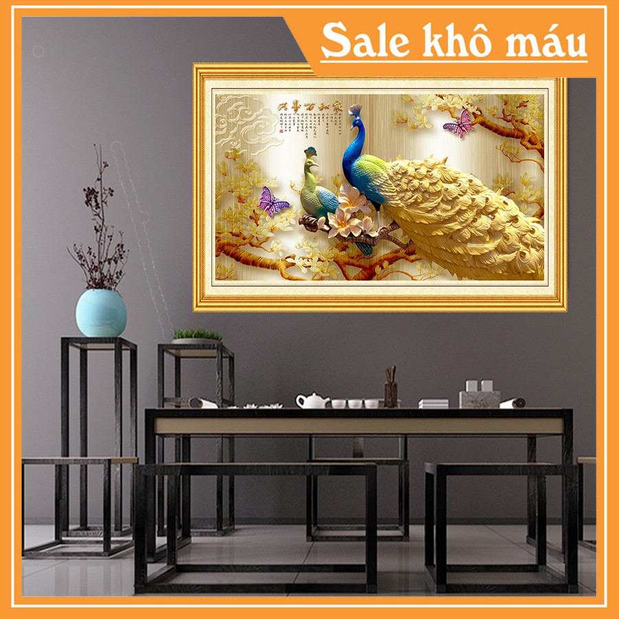 Tranh Decan Dán Tường  Chim Công , In Khung Sẵn Trên Tranh ,( 3 ZISE ) , KT 90 X 60  ~ 150 X 100 , Có Keo Sẵn Mặt Sau