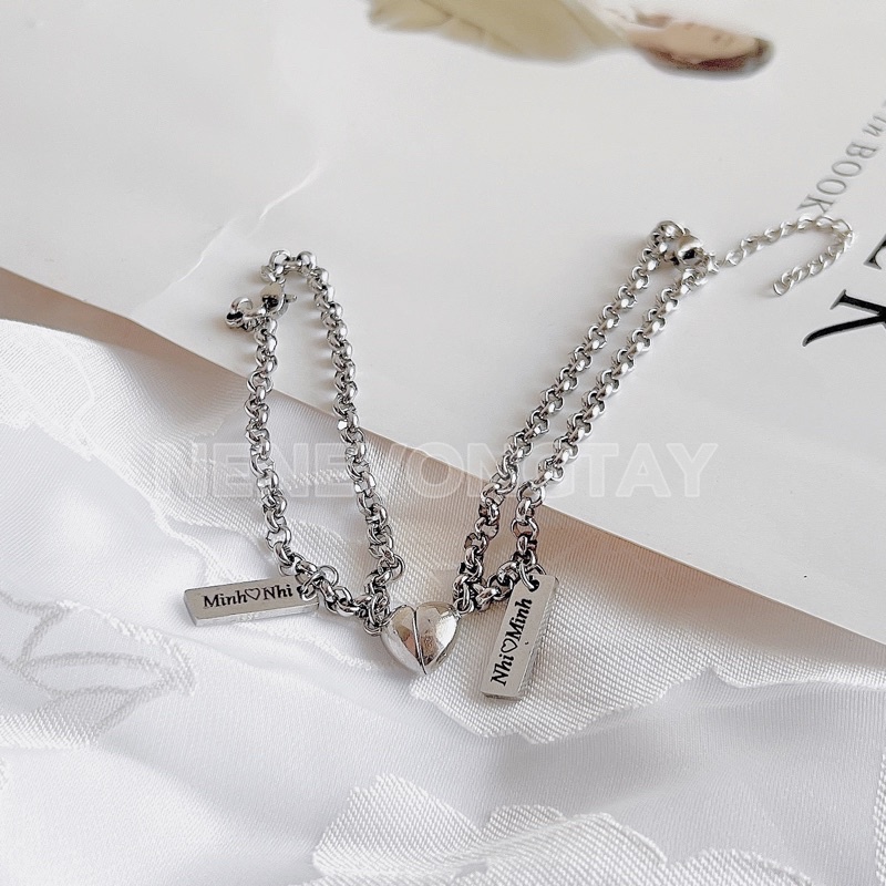 Vòng đôi nam châm trái tim khắc tên không rỉ