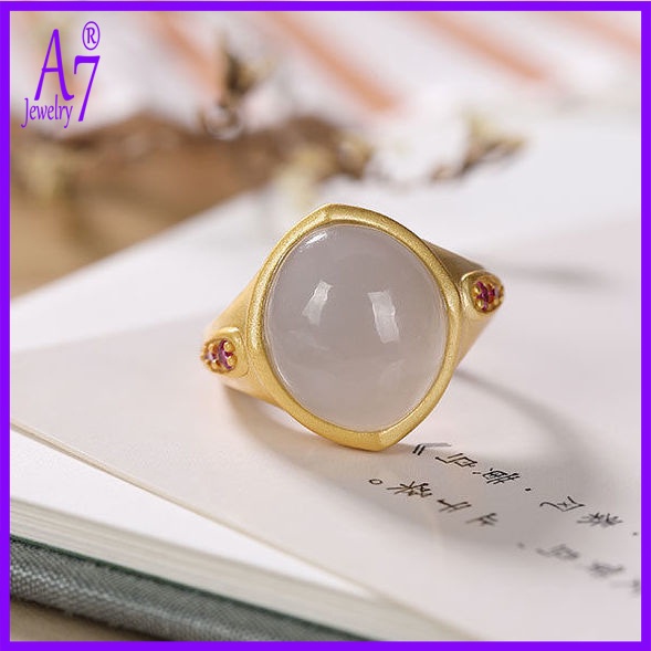 Nhẫn Hở Điều Chỉnh Được Bằng Đá Ngọc Bích Trắng Bạc S925 Phong Cách Cổ Điển Cho Nam Và Nữ