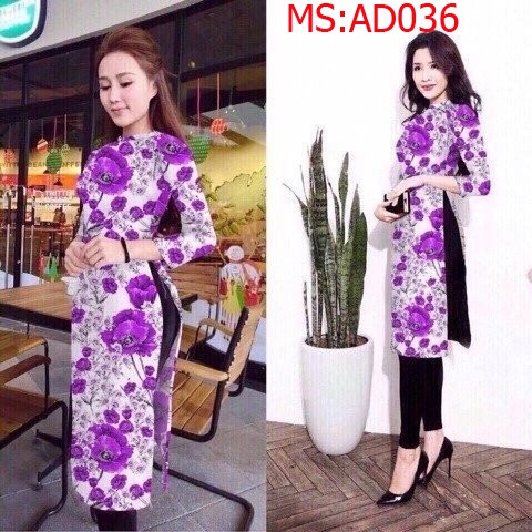 ⚡️ có big size 3XL ⚡️ AD036 Áo Dài Cách Tân in 3D nền trắng in hoa cúc tím