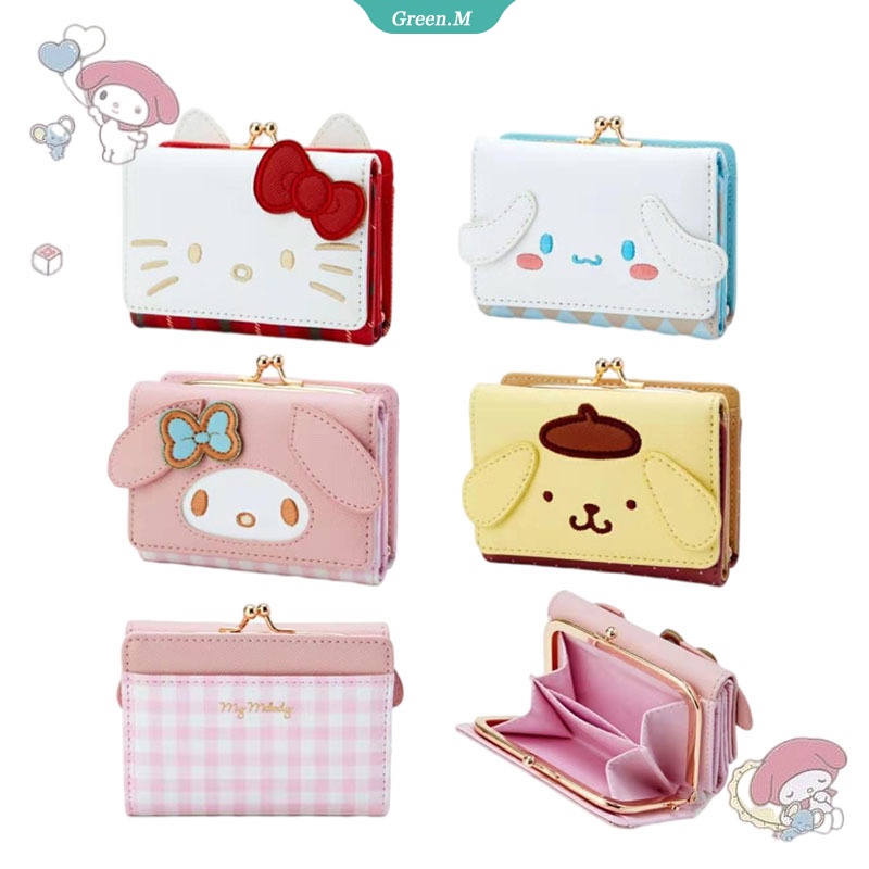 SANRIO Ví Da Ngắn In Hình Mèo Hello Kitty Cinnamoroll Melody Dành Cho Nữ
