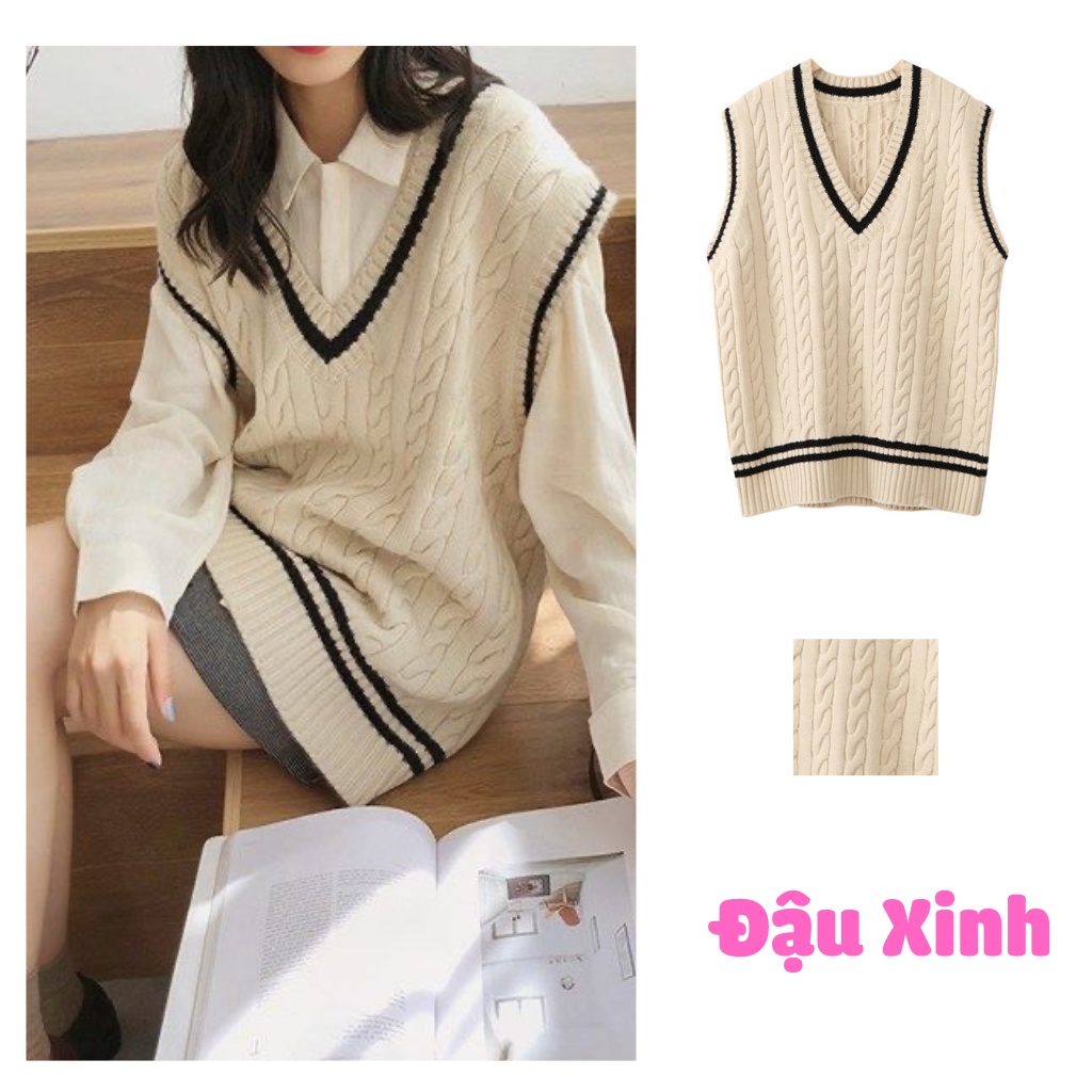 Áo gile nữ dáng rộng màu trắng kem học sinh hàn quốc kiểu dáng ulzzang họa tiết kẻ viền cổ v - 039