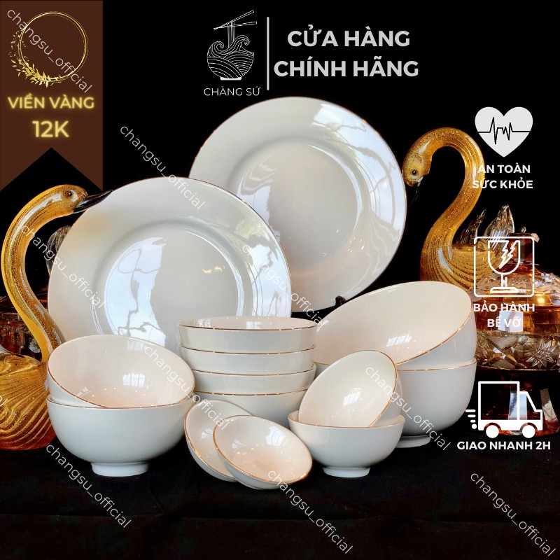 Bộ bát đĩa viền vàng thật 12k chất lượng cao - Set bát dĩa 14 món sứ Minh Châu siêu sang