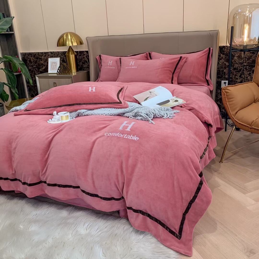 Bộ ga gối vỏ chăn nỉ chữ H 4 món  shop vũ thị thơm