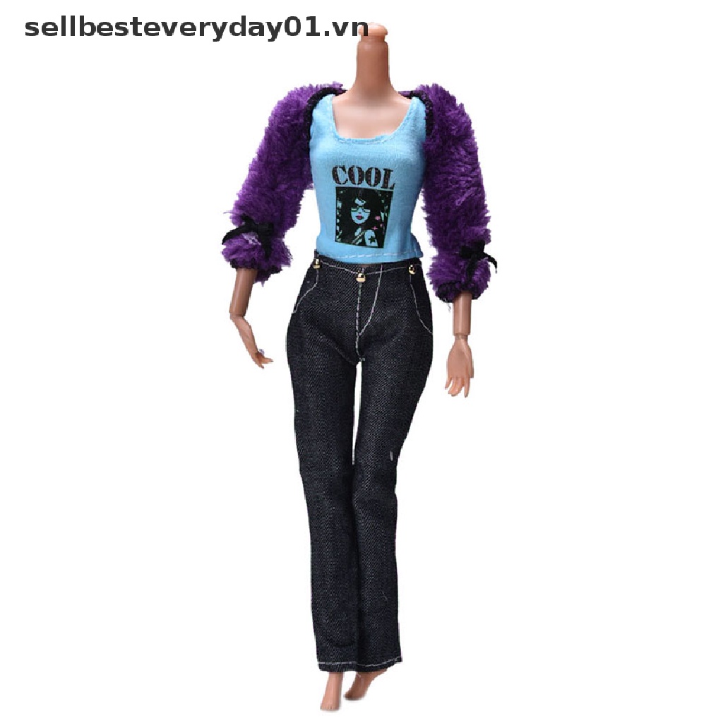 Set đồ 3 mảnh gồm áo sát nách áo khoác lông màu tím và quần dài trang trí cho búp bê Barbie