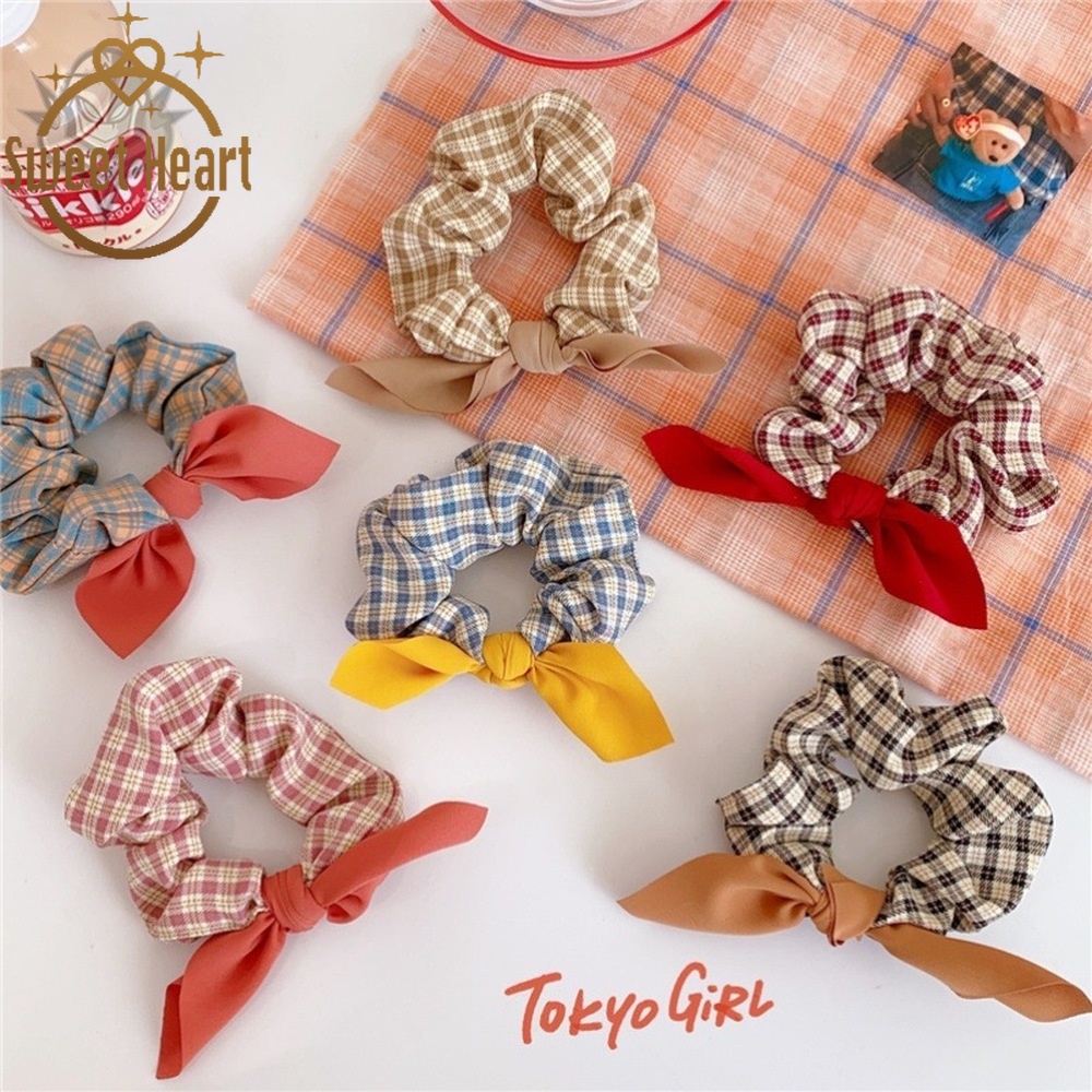 Dây cột tóc cao su phối vải họa tiết sọc caro đơn giản cho nữ