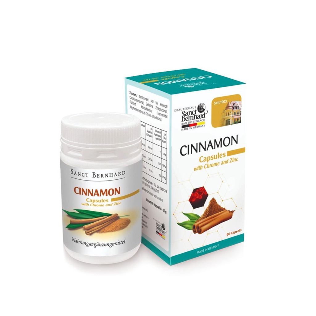 Viên uống Cinnamon Capsules hỗ trợ điều trị tiểu đường, chuyển hóa Glucose - Chính hãng Sanct Bernhard - Đức 60 viên