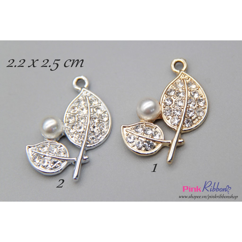 Charm hình Lá đôi nhí đặc đính đá làm phụ kiện may mặc, thời trang