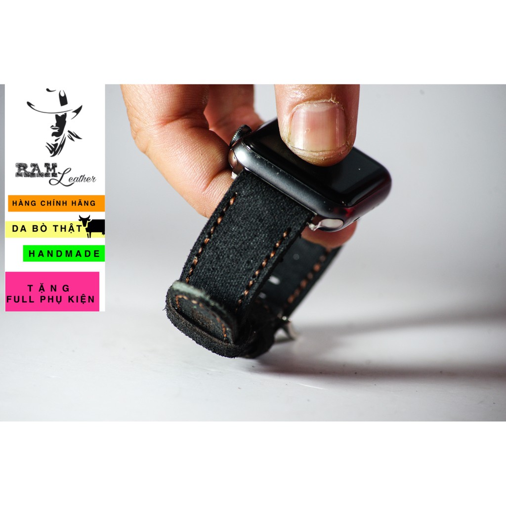 Dây đồng hồ Apple Watch , Iwatch , Iphone Watch Da Bò Thật Đen Tuyền RAM Leather Classic 1966  Bền Đẹp