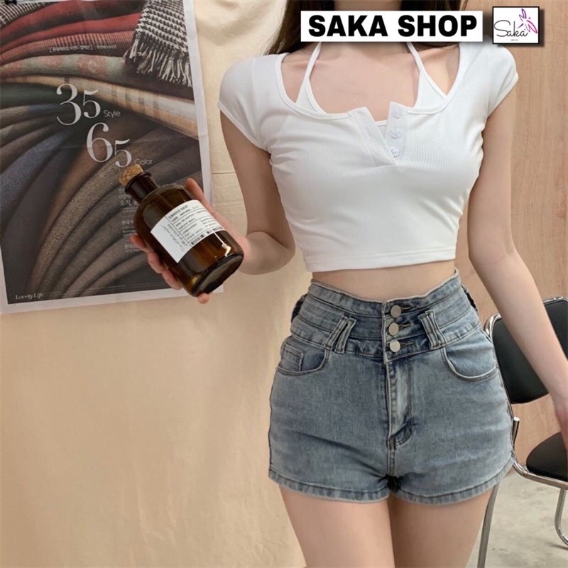 Áo croptop nữ kiểu nút giữ kèm áo hai dây phía trong dễ thương
