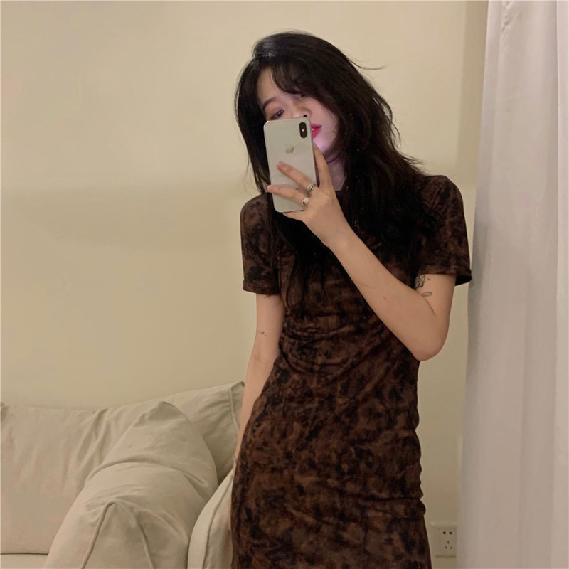 Đầm Tay Ngắn Họa Tiết Màu Loang Phong Cách Hàn Quốc Thời Trang Cho Nữ