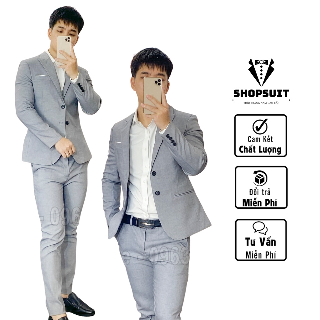 Bộ vest comle xám cao cấp chuẩn from dáng Hàn Quốc.