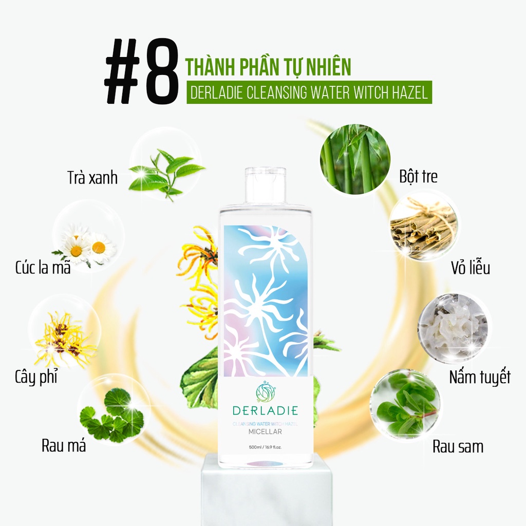Combo Làm Sạch, Dưỡng Ẩm, Dịu Nhẹ Chiết Xuất Cây Phỉ Derladie (Nước Tấy Trang 500ml + Nước Hoa Hồng 500ml)