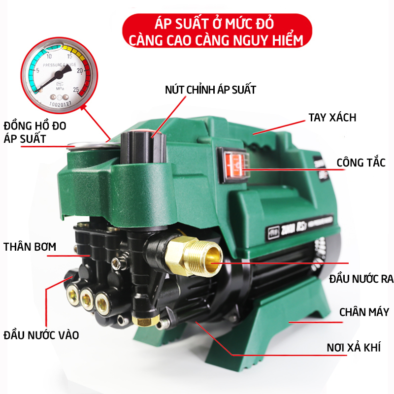 Máy rửa xe gia đình,công suất mạnh 2400W -C0007RS3 nút diều chỉnh áp lực nước,may rua xe mi ni ống bơm nước 15m