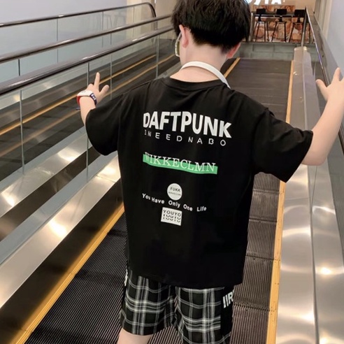 Đồ bộ bé trai CON XINH cotton phối quần caro in chữ DaftPunk,set quần đùi áo thun trẻ em từ 4 đến 10 tuổi