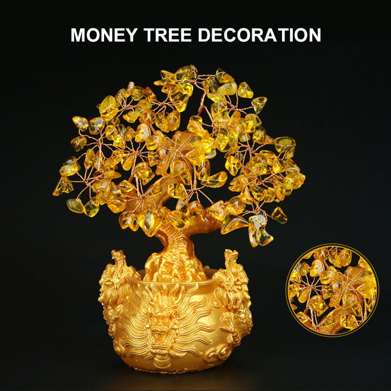 Unique And Beautiful Citrine Color Crystal Lucky Tree Money Bag Tree Money Tree Gold Ingot Ornaments