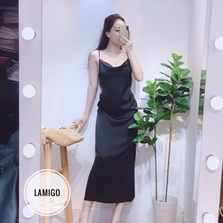 Váy maxi lụa satin 2 dây cổ đổ 5 màu