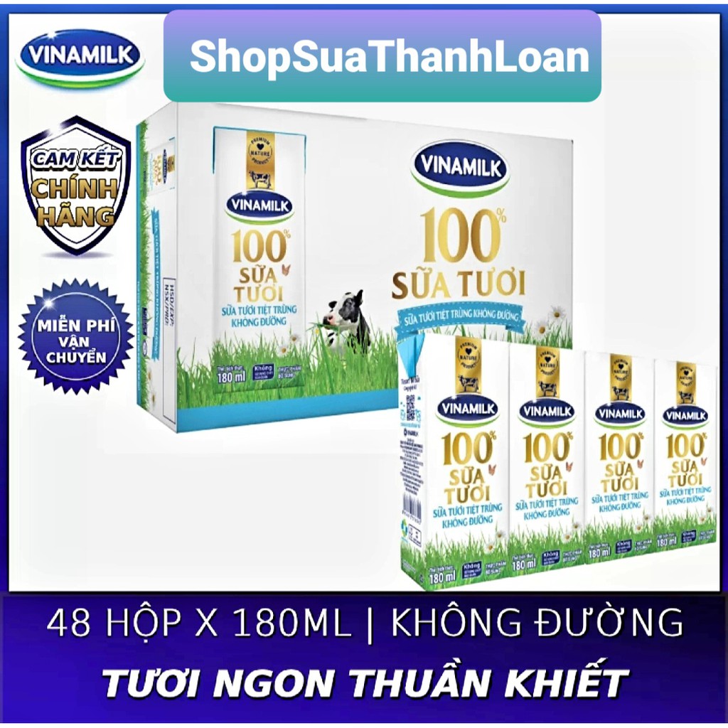 [HSD T8-2022] Thùng 48 Hộp Sữa Tươi Tiệt Trùng Vinamilk 100% Không Đường 180ml