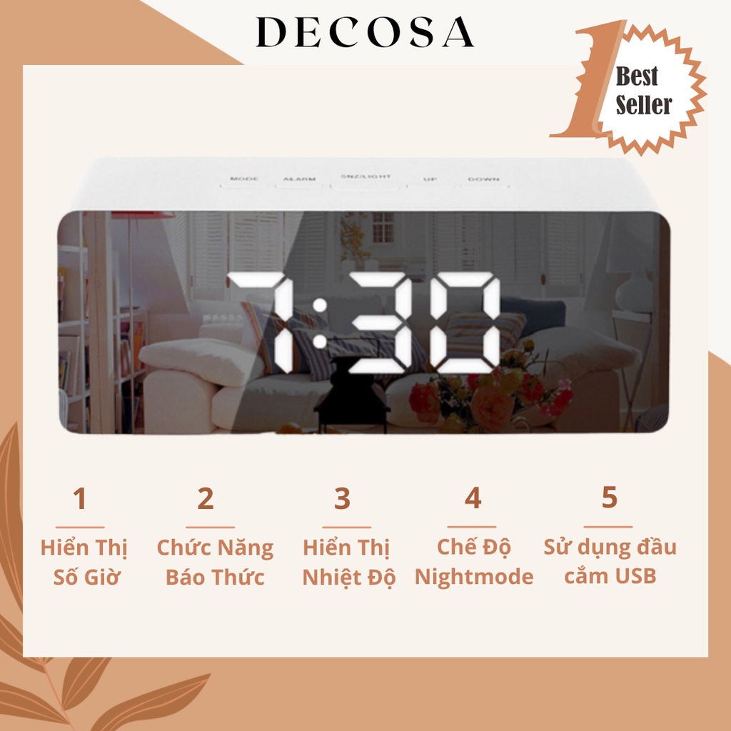 Đồng hồ led để bàn thông minh mặt gương DECOSA