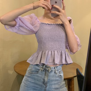 [Sẵn] Áo Croptop Nhún Tay LỡTrong Suốt