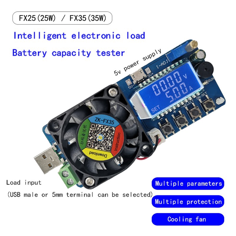 FX25 / FX35 25W 35W 4A / 5A Máy kiểm tra dung lượng pin Dòng điện không đổi Máy kiểm tra USB Có thể điều chỉnh điện trở Máy đo công suất điện áp