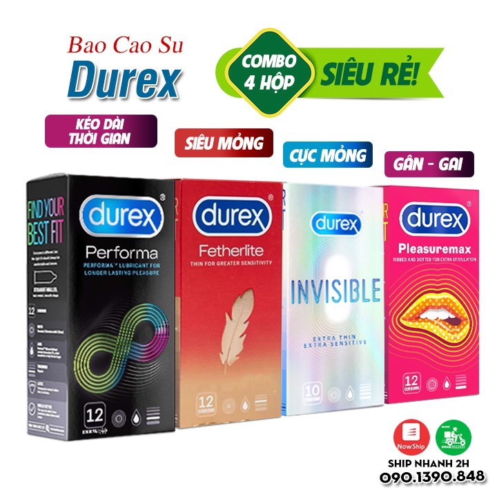 [COMBO 4 Hộp] Bao cao su Durex Performa, Bcs Fertherlite Siêu Mỏng, Pleasuremax Gai Nhỏ Liti, iNViSiBLE Ôm Sát - 46 cái