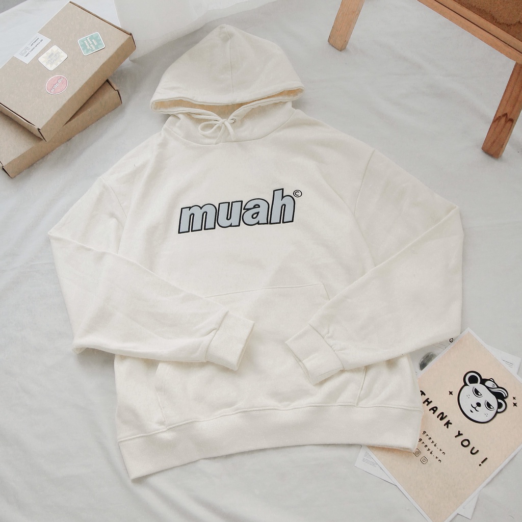 Áo Hoodie MuahMuah In Logo Màu Kem Phong Cách Hàn Quốc