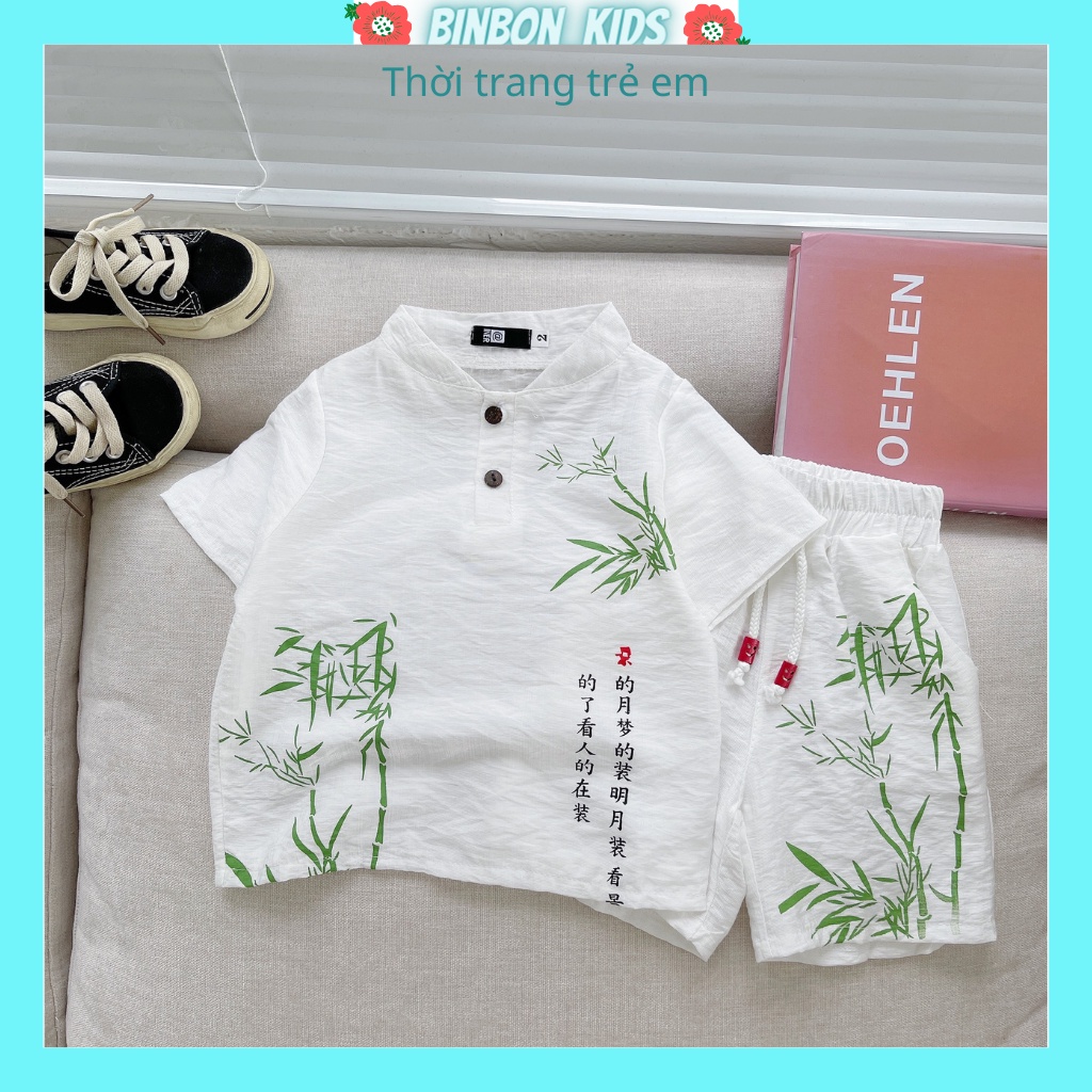 Bộ cộc tay cho bé trai Binbon kids, Đồ bộ bé trai Chất đũi in hình Cây Tre cực mát cho bé 6-28kg QATEA68