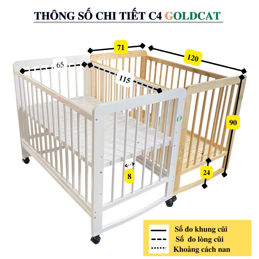 Cũi Giường Cho Bé 4IN1 GOLDCAT C11 Chất Liệu Gỗ Quế Tự Nhiên Giúp Bé Chống Trào Ngược