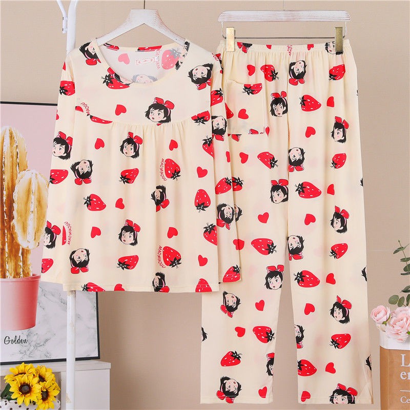 Đồ ngủ & Đồ mặc nhà☋▥﹍Xuân thu trung niên bà mẹ dài tay túi quần pyjama nữ phục vụ tại nhà béo plus size bộ đồ