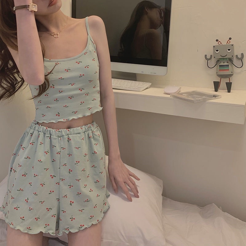Ngọt ngào anh đào nhỏ tinh khiết mong muốn cô gái dây treo bên ngoài mặc đồ ngủ nữ mùa hè 2022 bộ đồ mặc nhà mùa xuân