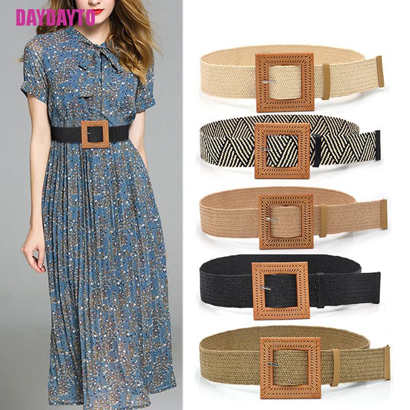 Thắt Lưng Đan Rơm Co Giãn Có Khóa Vuông Điều Chỉnh Được Phong Cách Boho