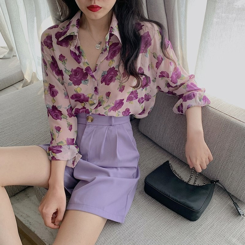 Áo Sơ Mi Tay Rộng Họa Tiết Hoa Thời Trang Hàn Quốc Cho Nữ