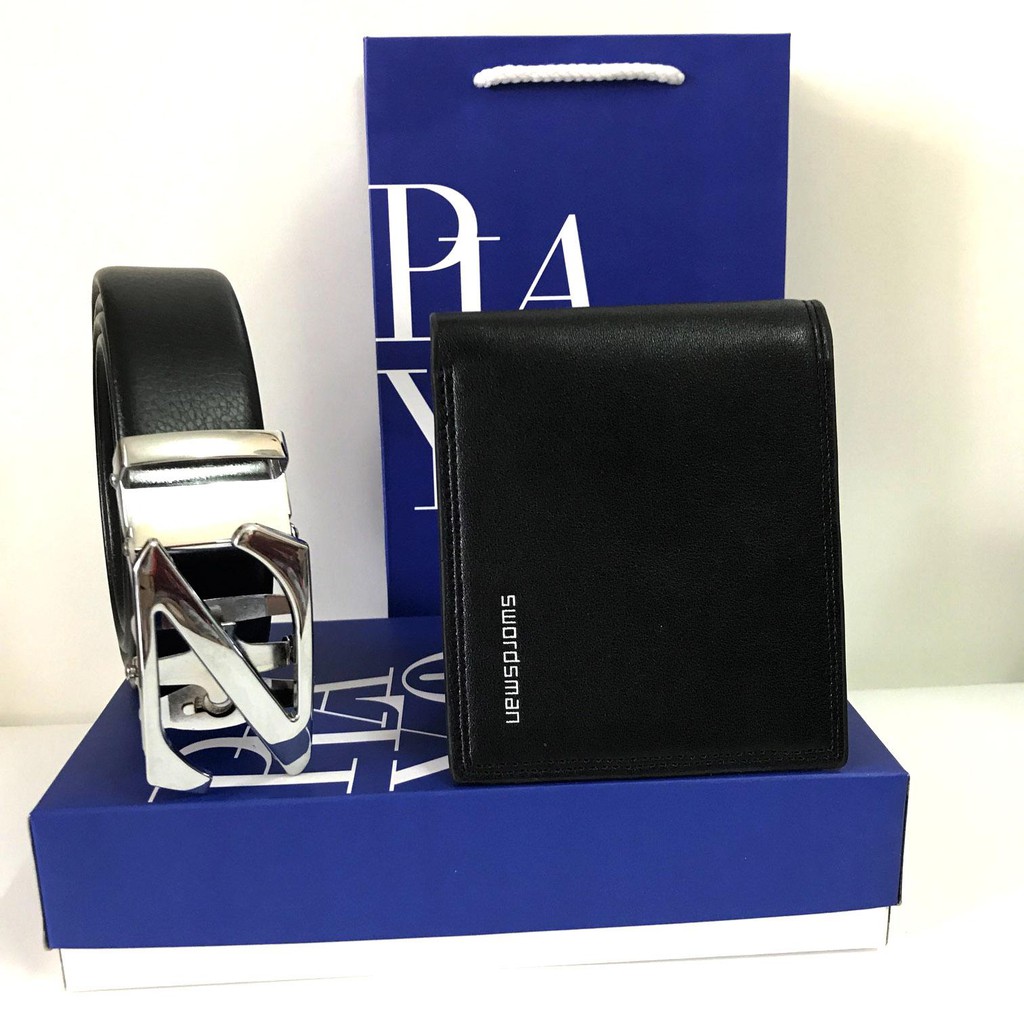 Combo bộ quà tặng thắt lưng mặt đen + ví da nam túi hộp